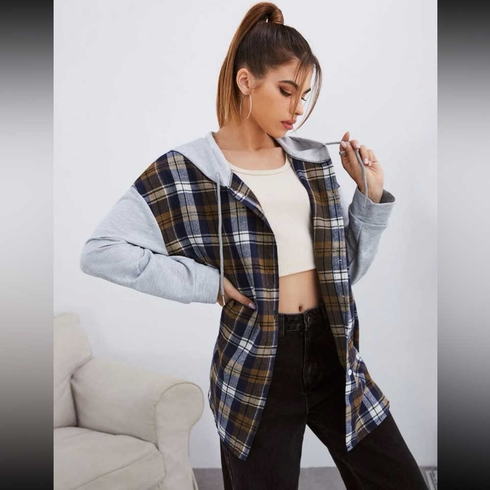 Plaid Button Up Hooded Jacket